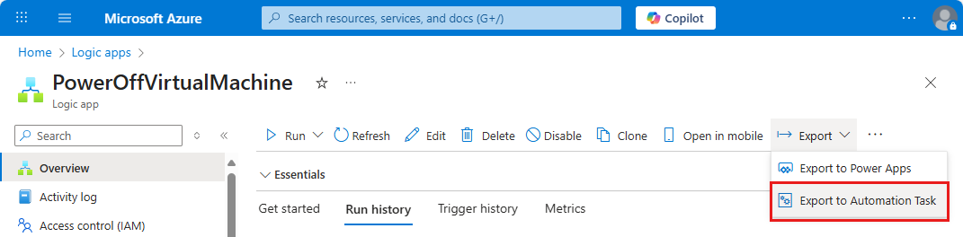 屏幕截图显示了“概述”工具栏，其中打开了“导出”菜单并突出显示了“导出到自动化任务”。