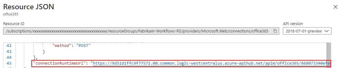 屏幕截图显示了名为 connectionRuntimeUrl 的选定属性值。