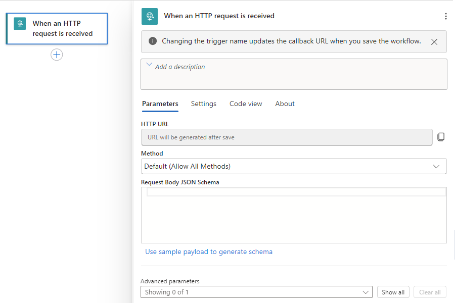 屏幕截图显示了工作流设计器、请求触发器和打开的触发器信息窗格。