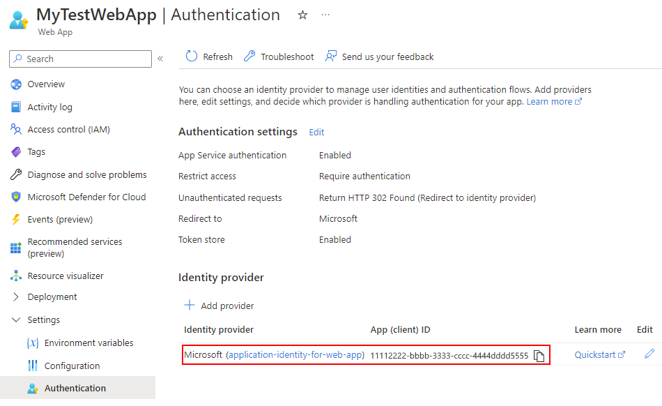 屏幕截图显示了为 Web 应用或 API 应用新建的应用程序标识。