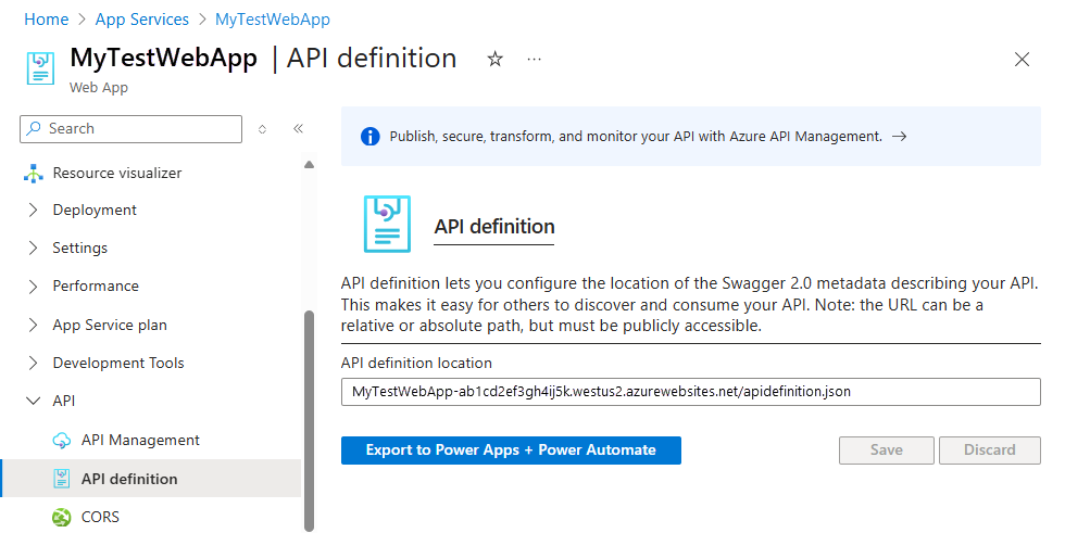 屏幕截图显示了 Azure 门户、Web 应用的 API 定义页和 API Swagger 文档的 URL。