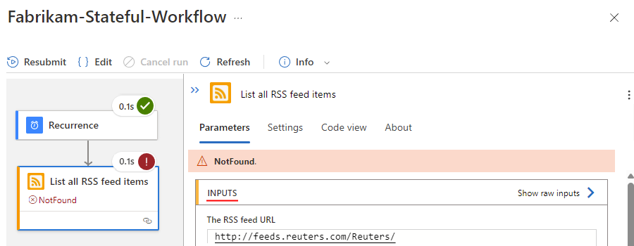 显示具有失败步骤输入的标准逻辑应用工作流的屏幕截图。