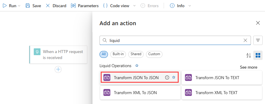 屏幕截图显示消耗型工作流设计器，其中选择了 Liquid 操作。