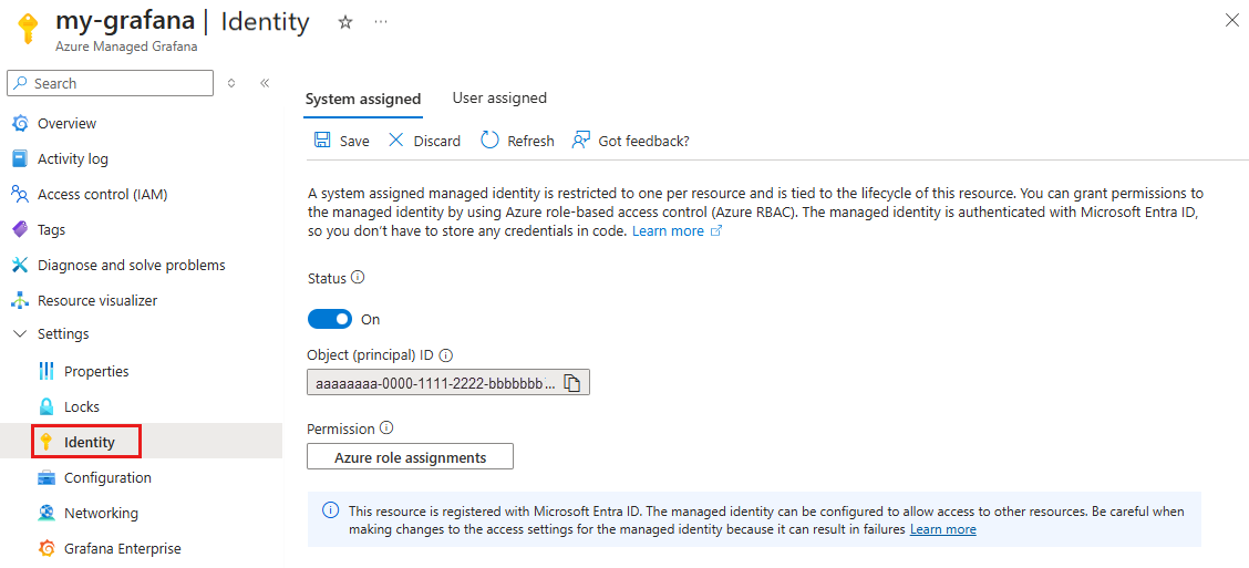 Azure 门户的屏幕截图。启用系统分配的托管标识。
