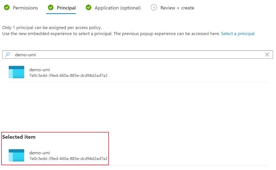 Azure 门户中的主体选项卡的屏幕截图。
