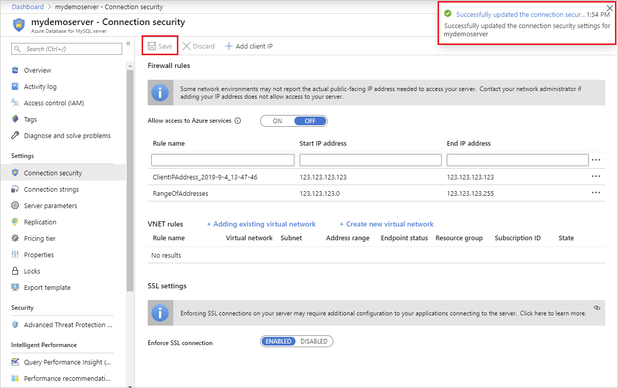 屏幕截图,其中显示 Azure 门户 – 选择“保存”。
