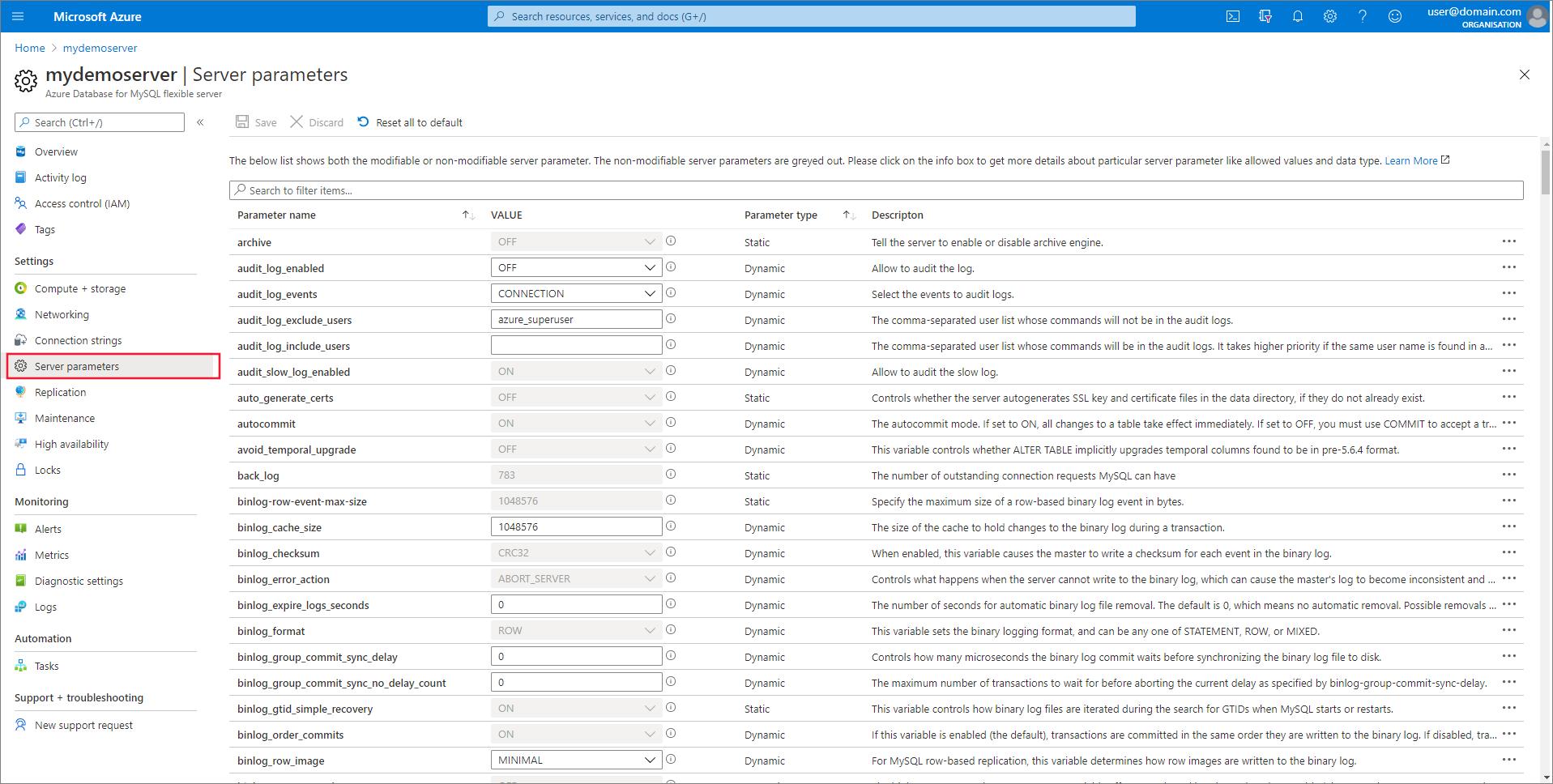 Azure 门户中的服务器参数页