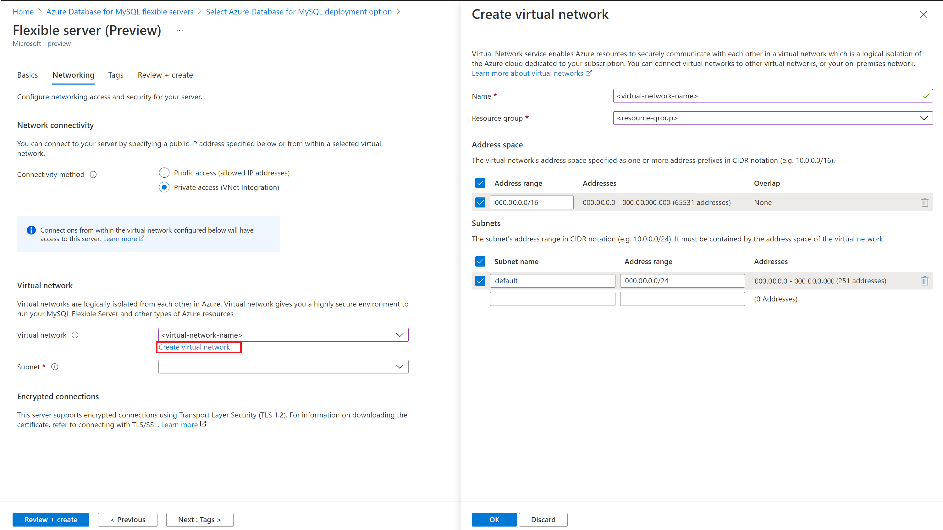 显示新 VNET 的“网络”选项卡的屏幕截图。