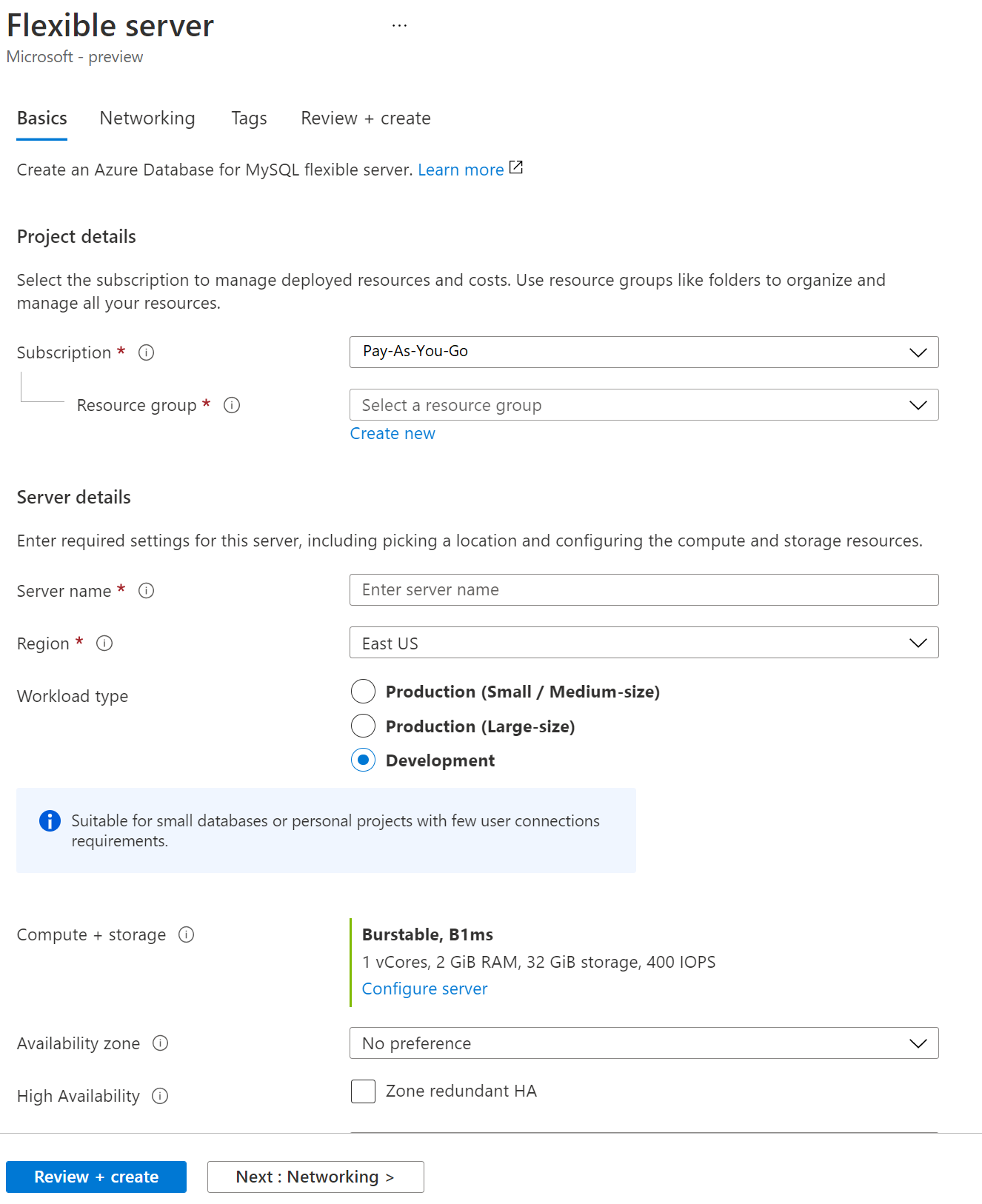 显示“灵活服务器”页的“基本信息”选项卡的屏幕截图。