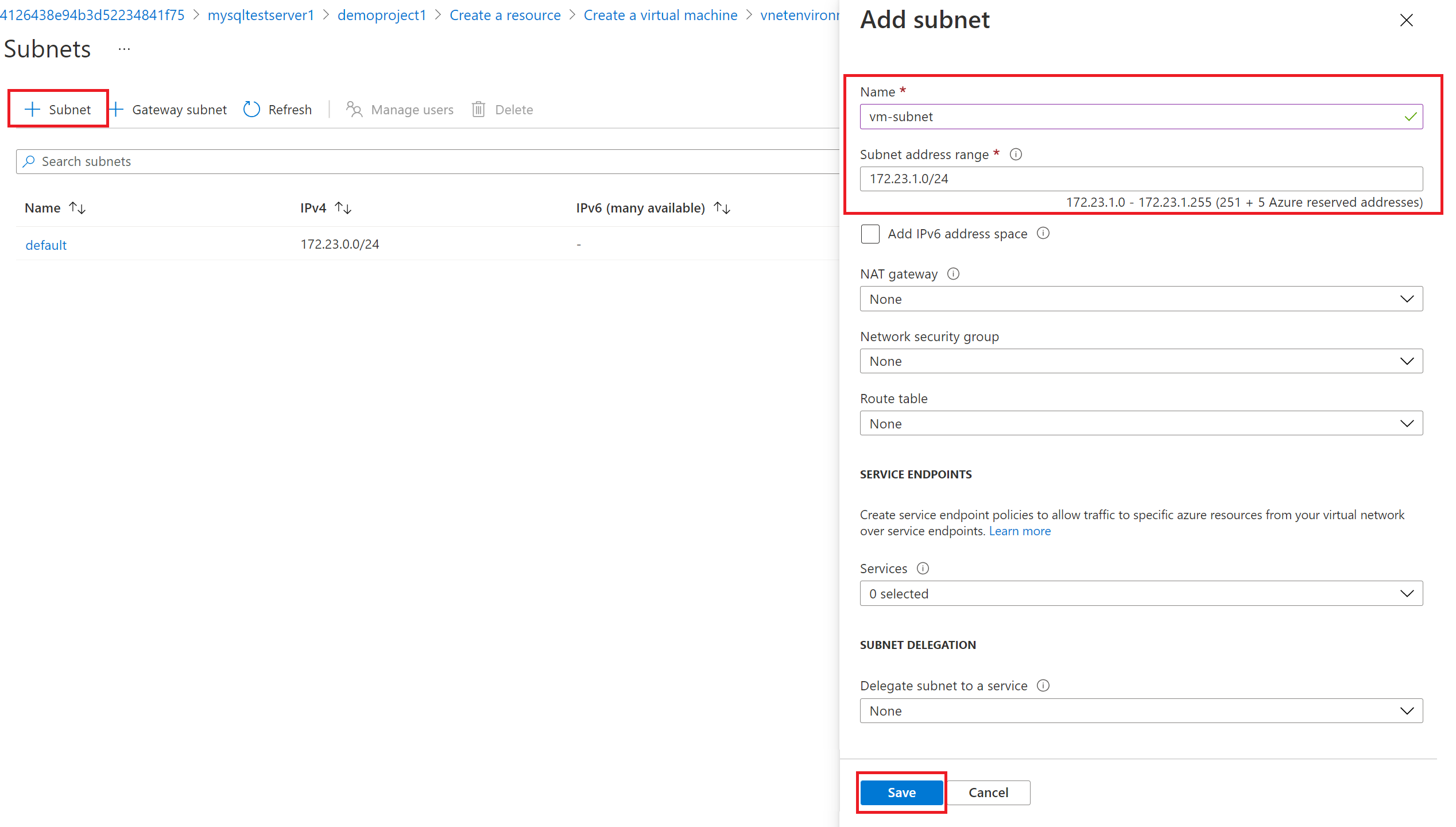 为虚拟机添加新子网的屏幕截图。