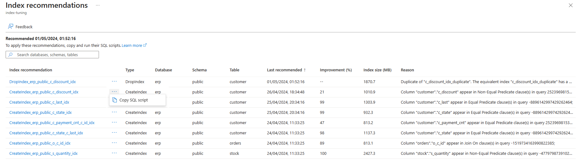 显示如何从“索引建议”页面复制 SQL 语句的屏幕截图。