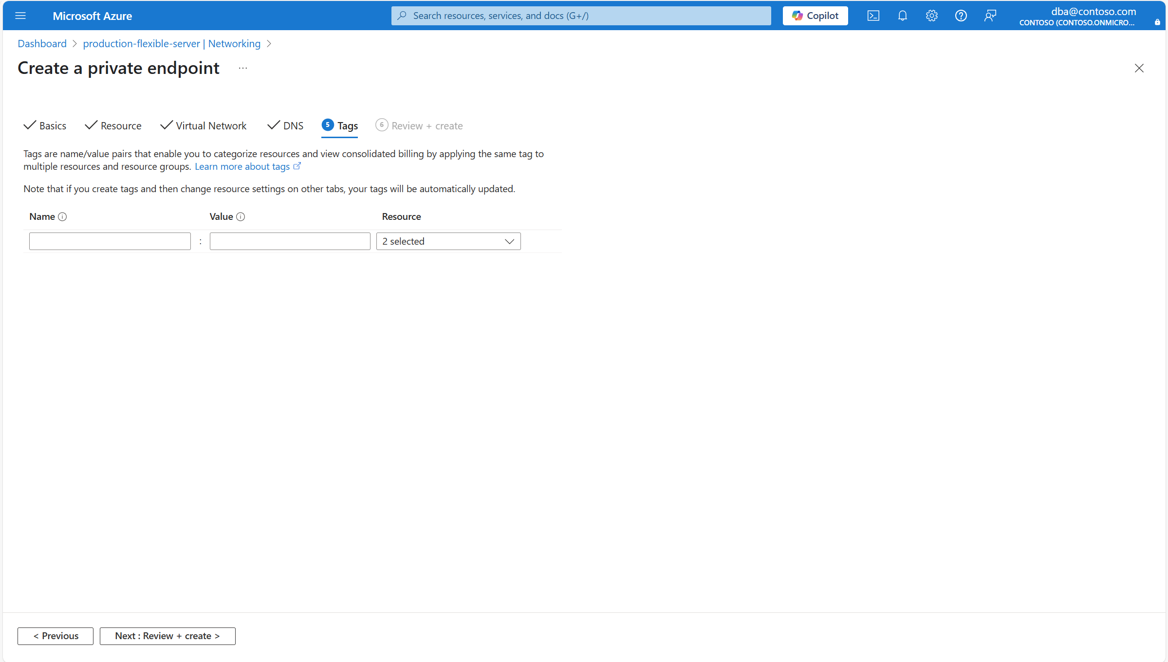显示“创建专用终结点”的“标签”页的屏幕截图。