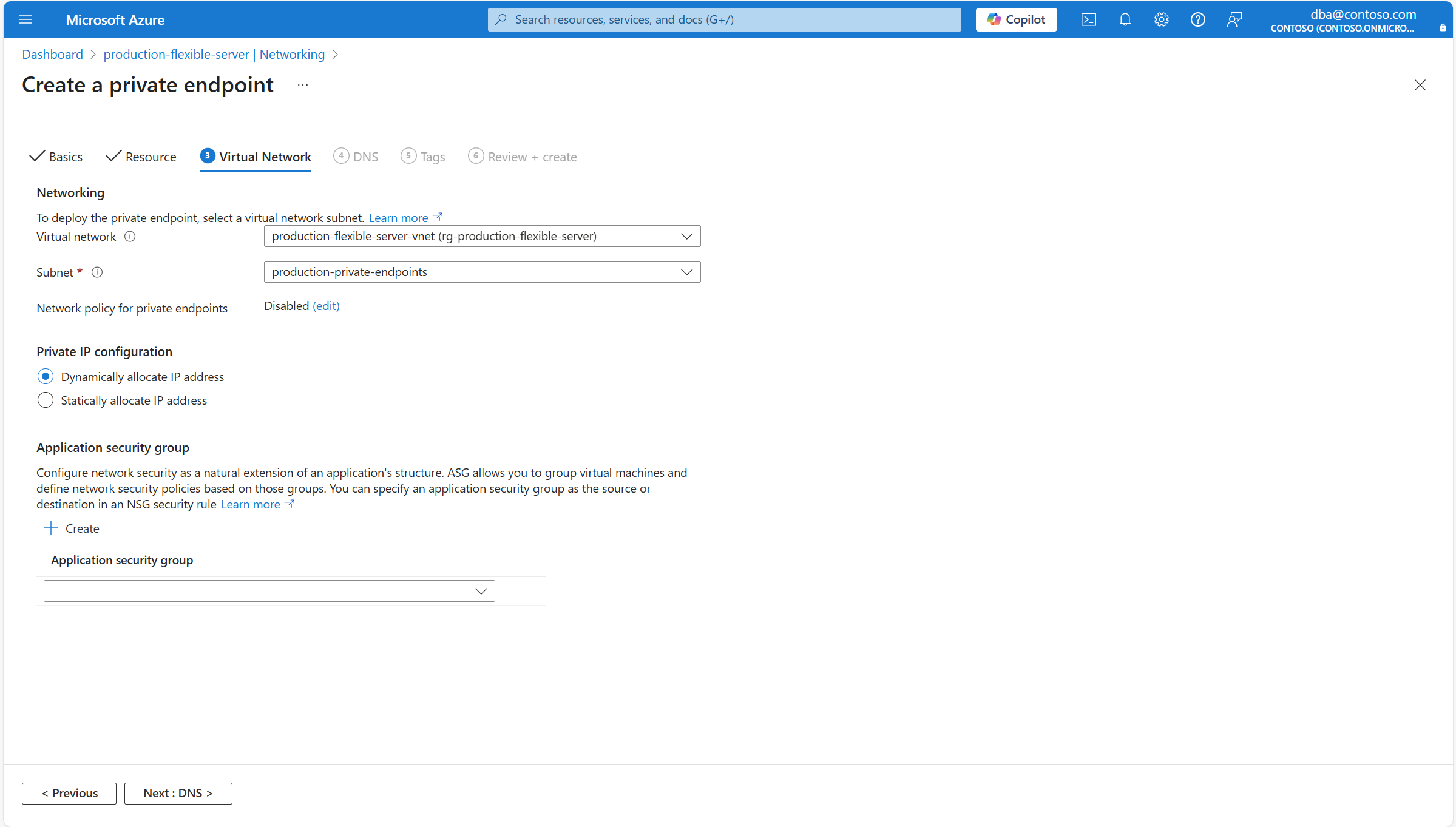 显示“创建专用终结点”的“虚拟网络”页的屏幕截图。