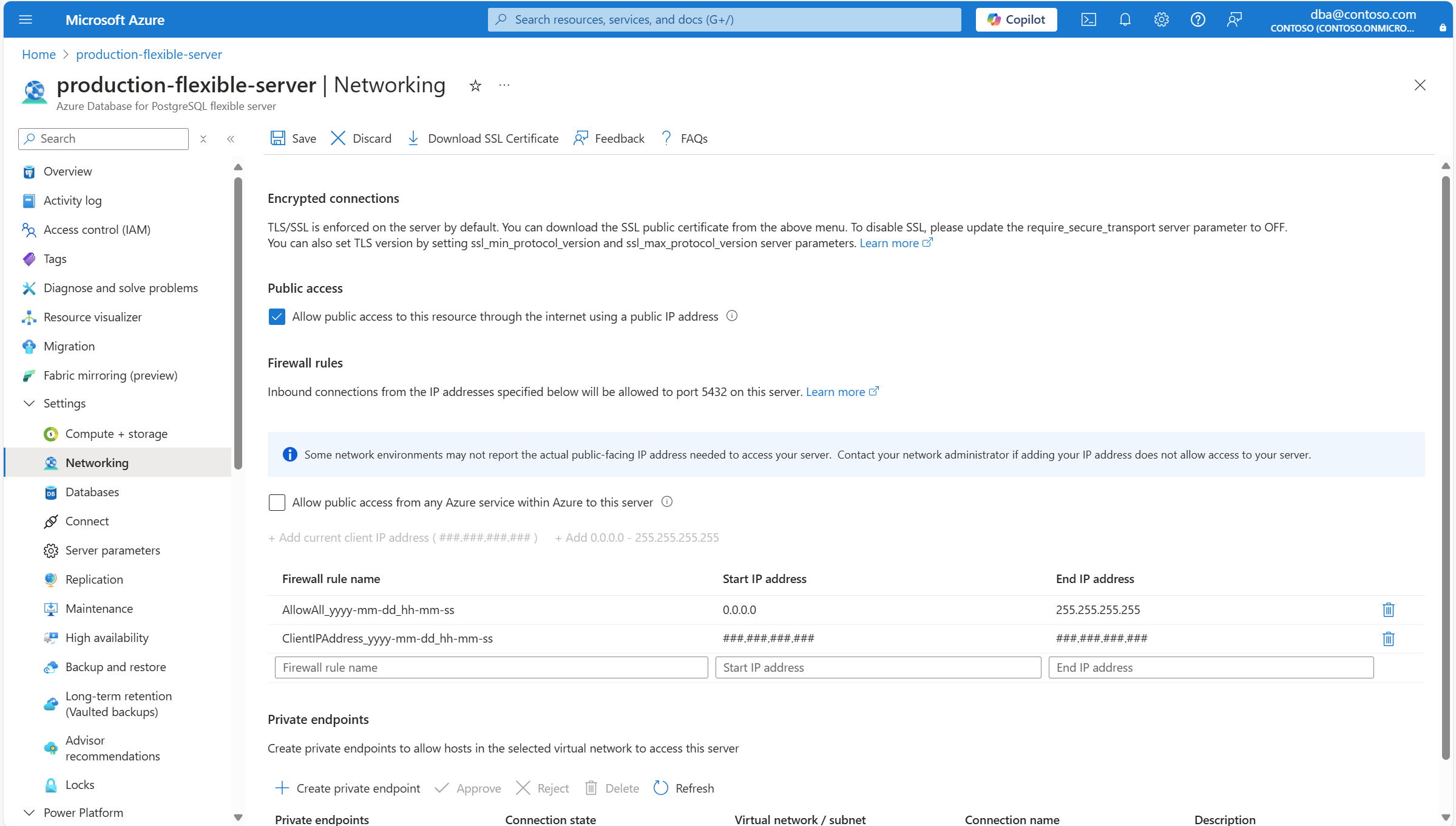 显示如何删除防火墙规则以允许来自任何 Azure 服务的连接的屏幕截图。