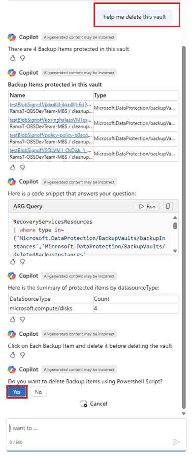 屏幕截图显示了从 Copilot 下载保管库删除脚本的选项。