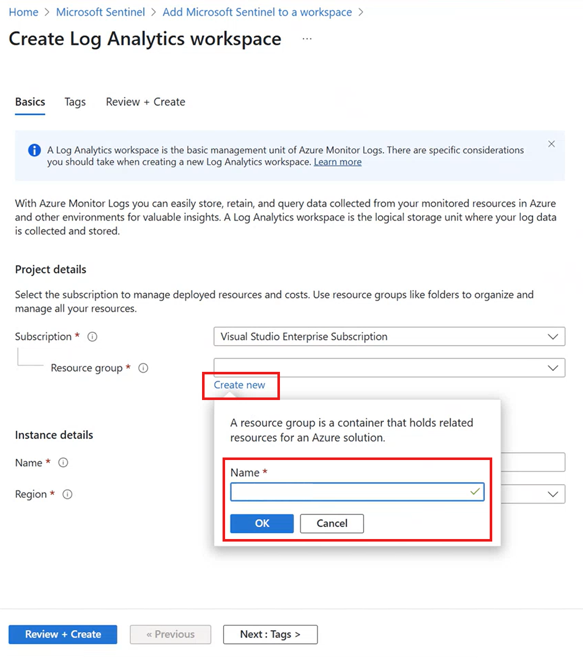 创建 Log Analytics 工作区屏幕的屏幕截图。在“订阅”和“资源组”下，已选择“新建”。