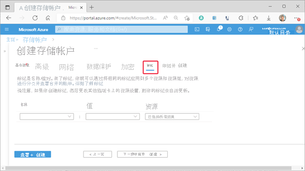 显示新存储帐户的标准配置 -“标签”选项卡的屏幕截图。
