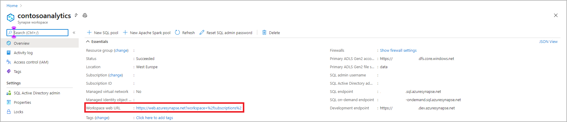 Azure 门户 Synapse 工作区概述的屏幕截图，其中突出显示了工作区 Web URL。