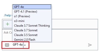 GitHub Copilot 聊天窗口的屏幕截图，其中突出显示了“模型选取器”下拉列表。