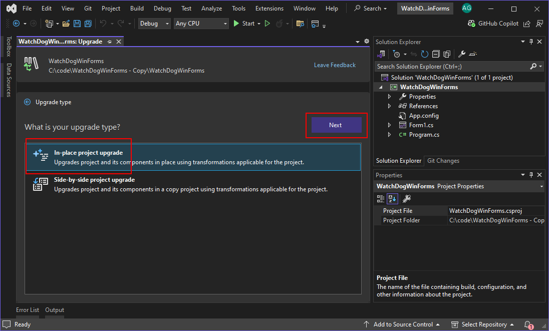 显示“升级类型是什么”选择的 .NET 升级助手向导。突出显示“就地项目升级”，如“下一步”按钮所示。