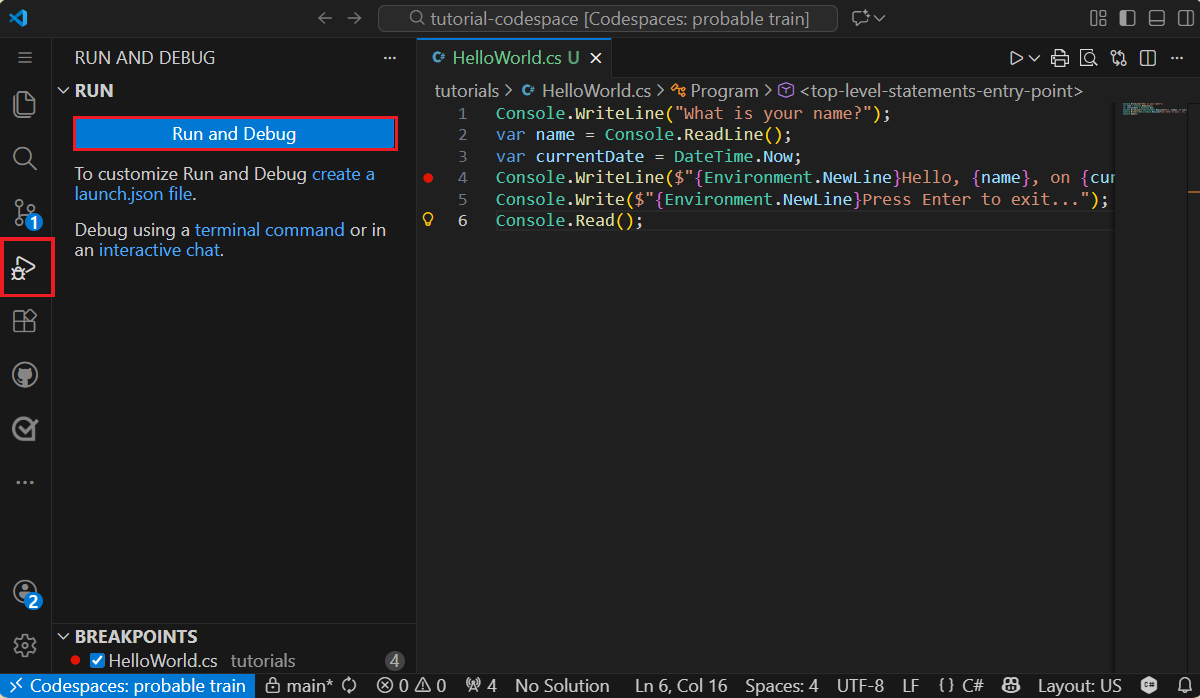 打开 Visual Studio Code 中的“调试”选项卡