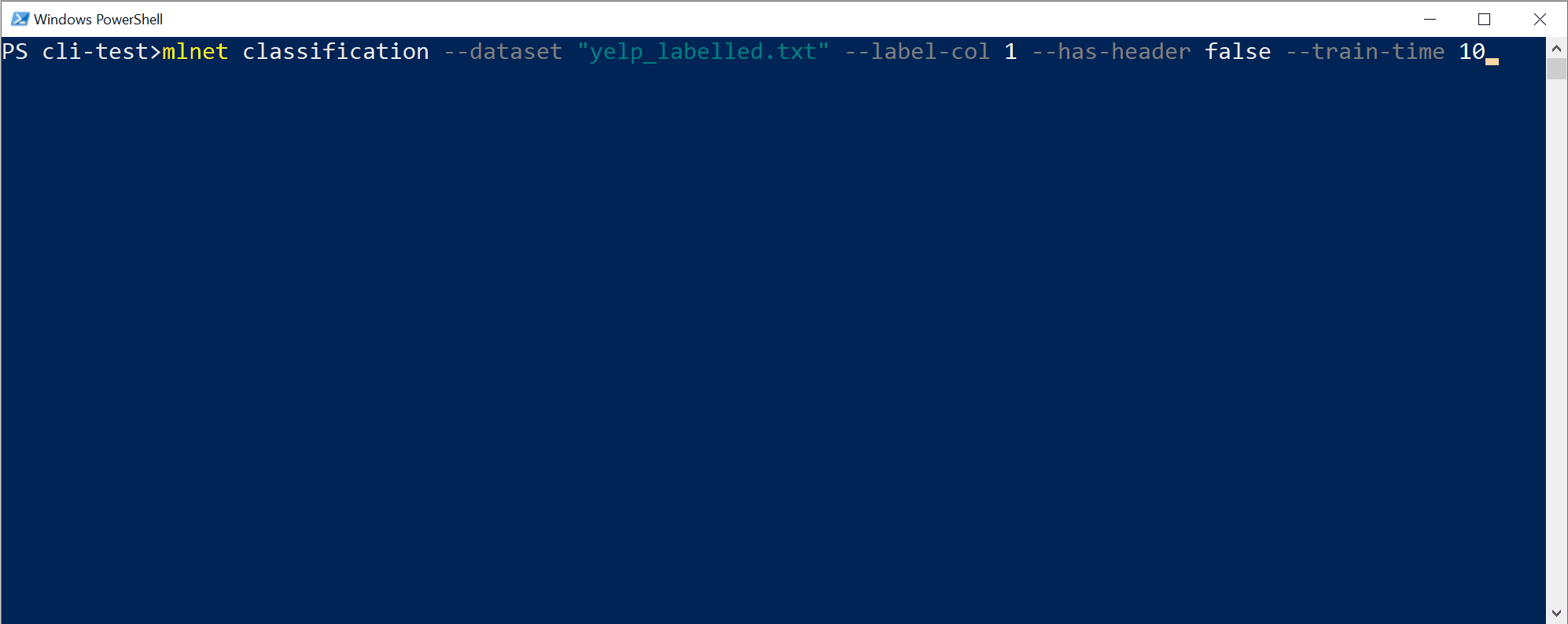 PowerShell 上的 ML.NET CLI 分类