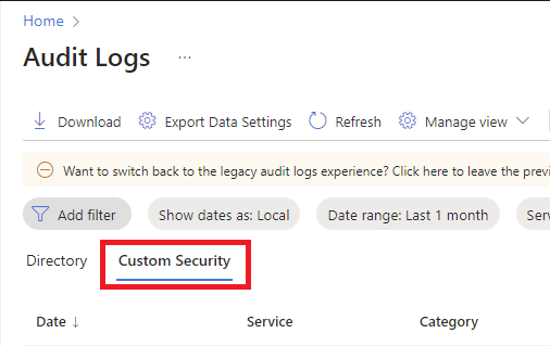 显示“目录”和“自定义安全”选项卡的审核日志的屏幕截图。