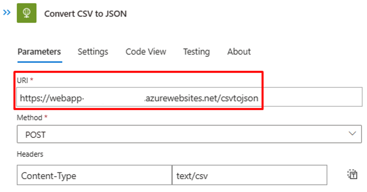 显示 Azure 函数调用从 CSV 转换为 JSON 的操作的屏幕截图。
