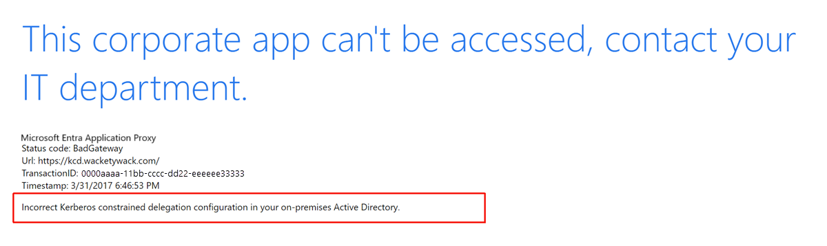 显示错误的 KCD 配置错误的示例的屏幕截图，其中突出显示了错误 Kerberos 约束委派。