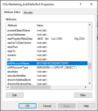 使用 ADSI 编辑器的 sAMAccountName 屏幕截图。