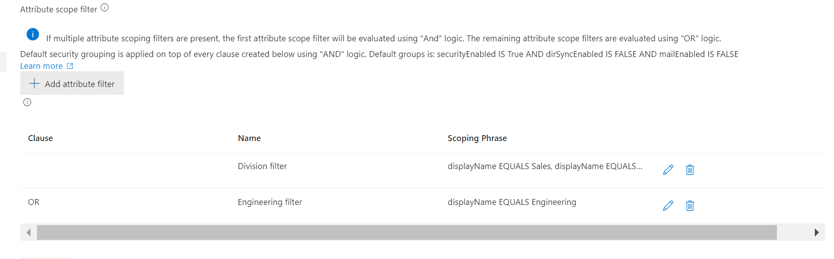 基于 OR 子句属性的范围的屏幕截图。
