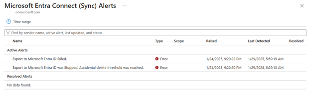 显示Microsoft Entra Connect 同步警报的屏幕截图。