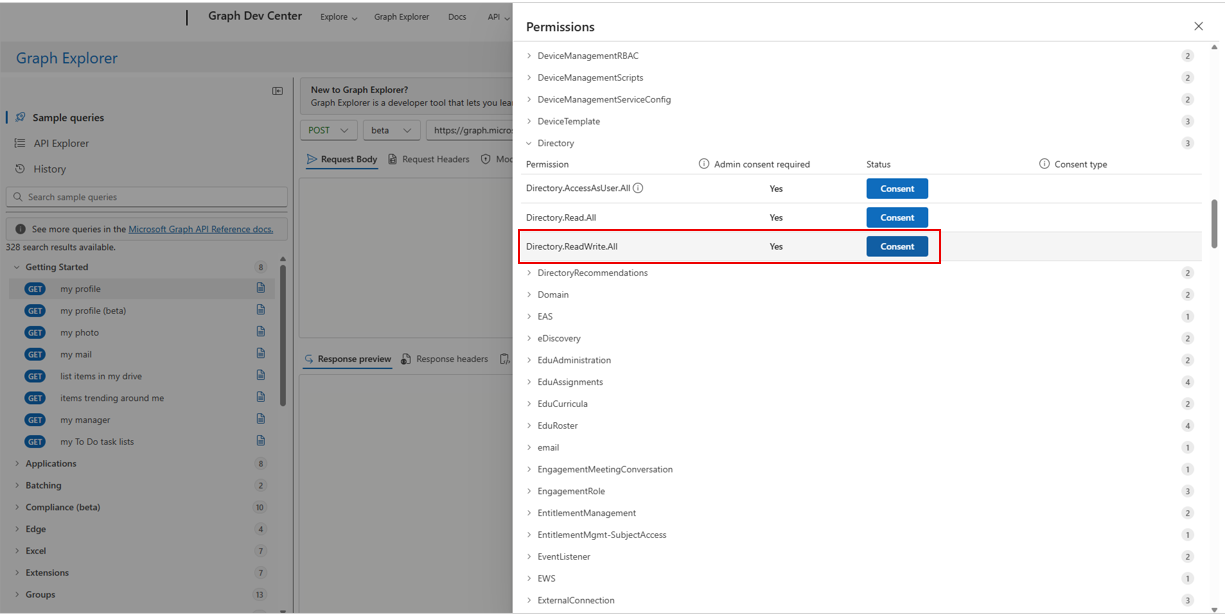 Graph 资源管理器中“权限”屏幕的屏幕截图，其中管理员正在选择提供 Directory.ReadWrite.All 权限同意的选项。