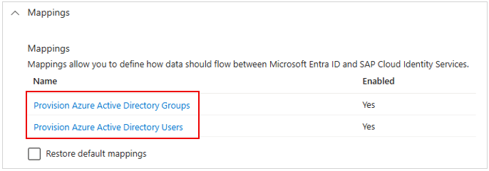 SAP Cloud Identity Services 的用户和组映射的屏幕截图。