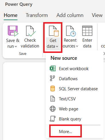 选择“获取数据”选项并在下拉框中突出“更多”的屏幕截图。