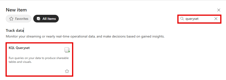 在“新建项”框中添加新 KQL 查询集的屏幕截图。