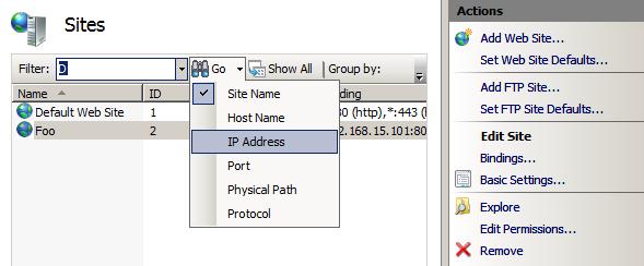 “I S 管理器”屏幕的一部分屏幕截图,其中显示了“转到”菜单和“操作”窗格。
