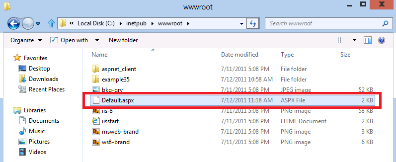 本地磁盘 C 驱动器文件夹的屏幕截图,其中突出显示了默认点 a s p x 文件。