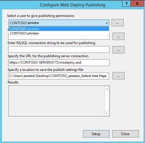 “配置 Web 部署发布”窗格的屏幕截图。在“选择用户以授予发布权限”下,突出显示文本 C O N T O O 反斜杠 john doe。