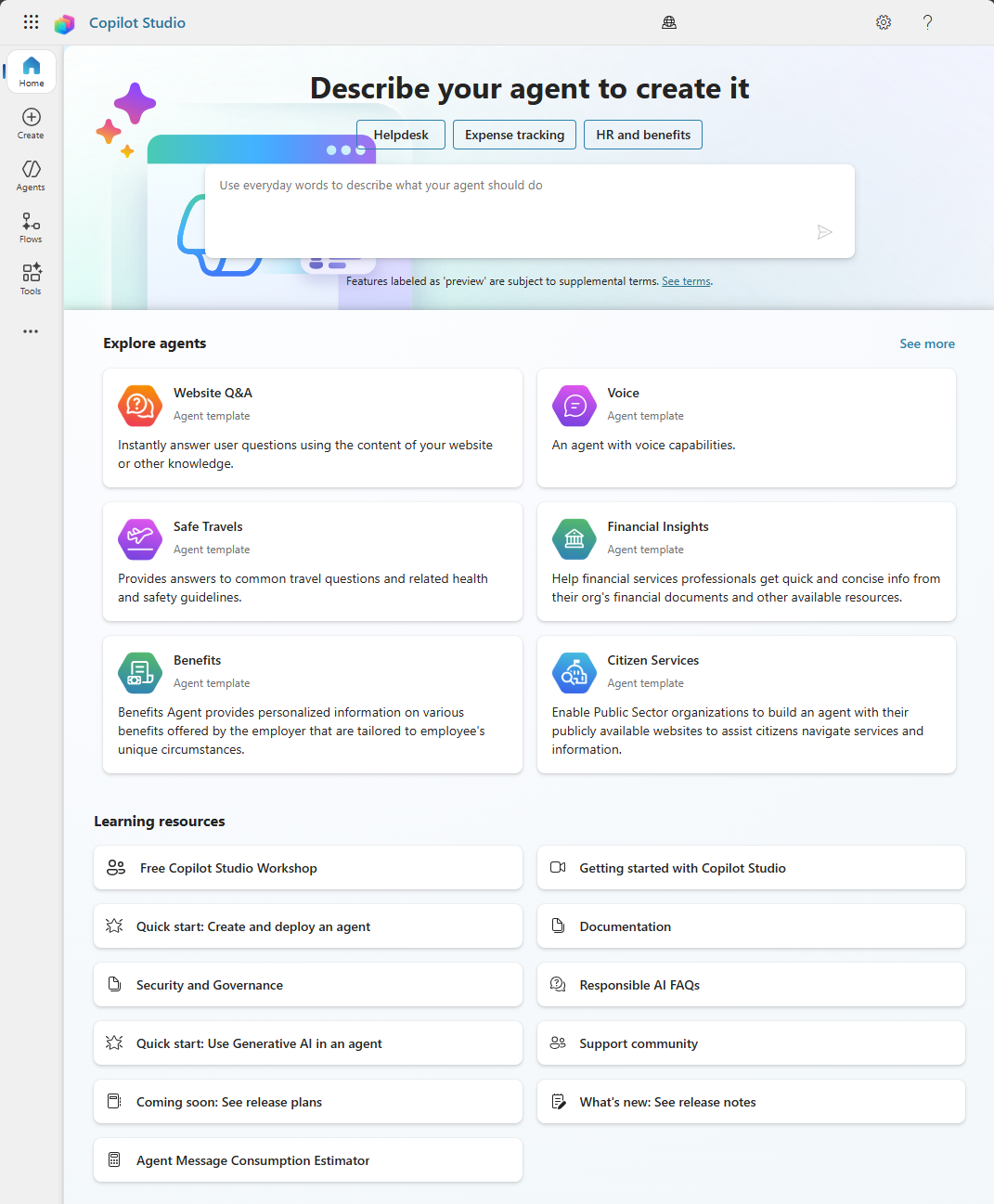 Copilot Studio 主页的屏幕截图。