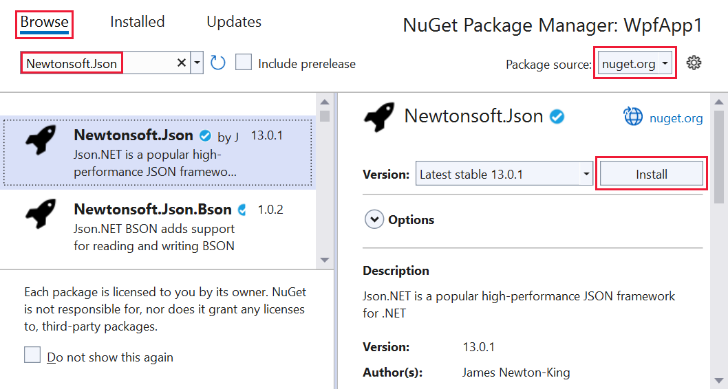 显示 NuGet 包管理器窗口的屏幕截图，其中选择了 Newtonsoft.Json 包。