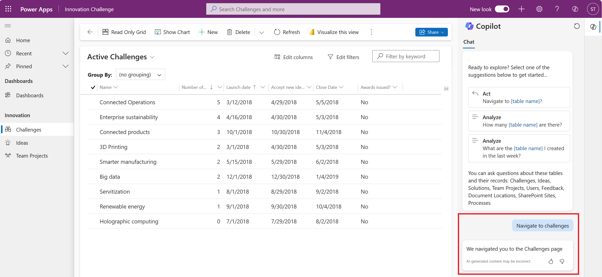 显示 Copilot 已打开页面以响应请求的屏幕截图。