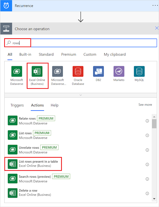 在表中列出行的屏幕截图。