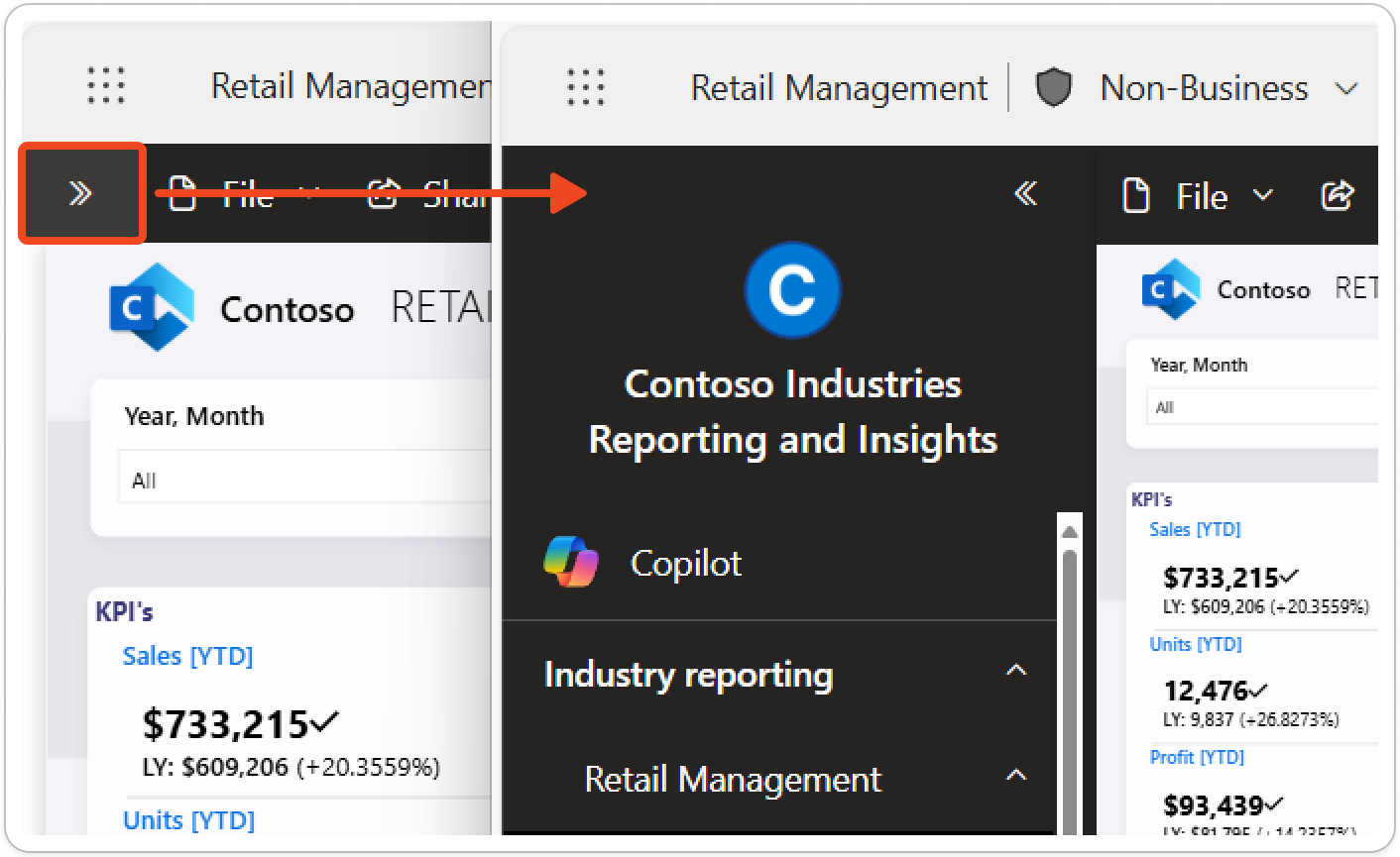 用于展开应用导航的按钮的屏幕截图，然后应用导航就会展开。