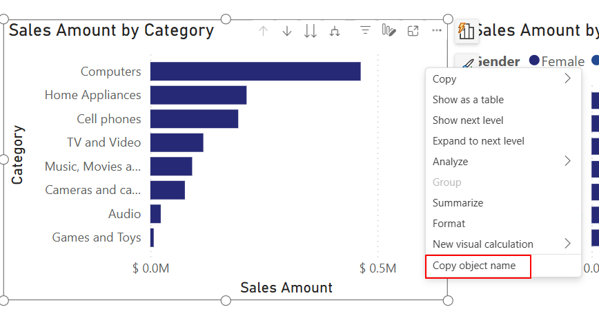 已选择复制对象名称的桌面报表的屏幕截图。