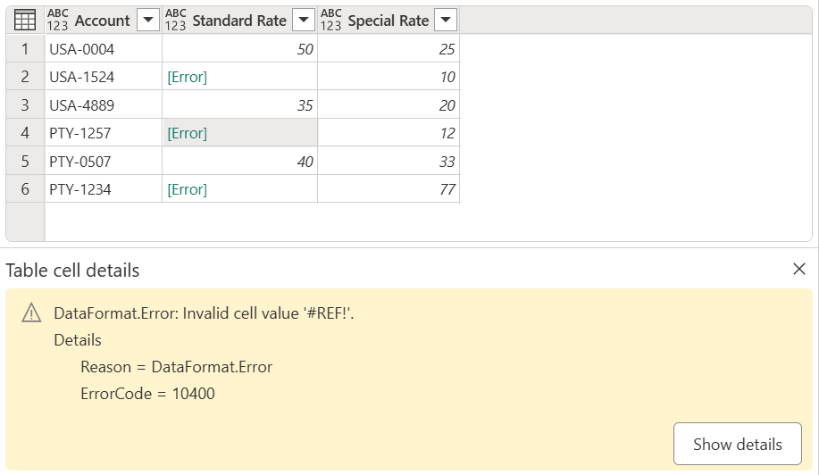所选错误的屏幕截图，对话框底部有一条错误消息。