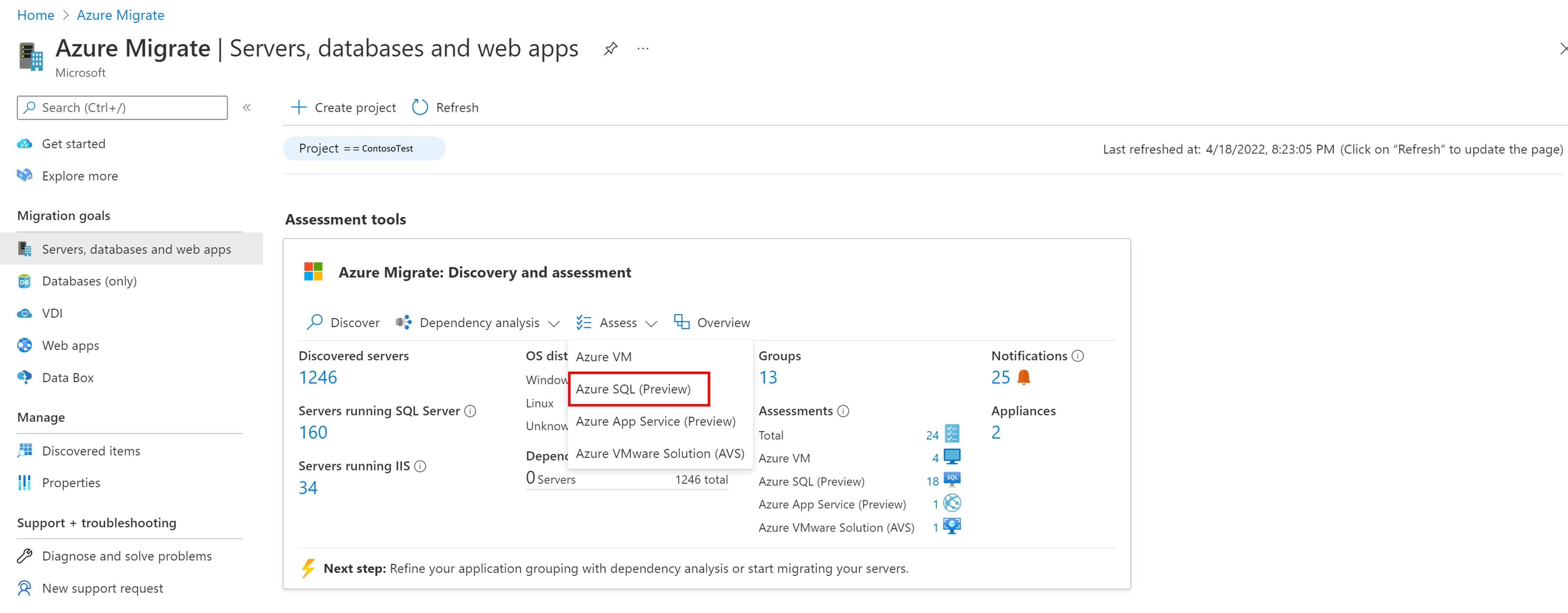 用于选择评估类型为 Azure SQL 的下拉列表截图。