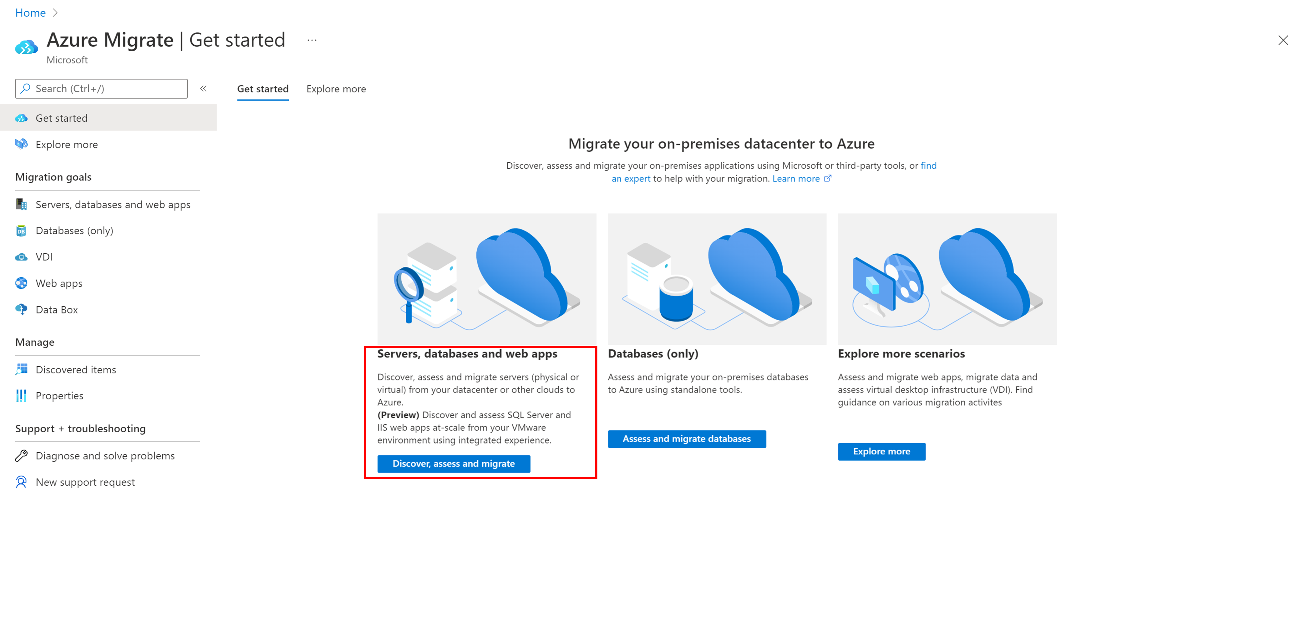 Azure Migrate 的“概述”页的屏幕截图。