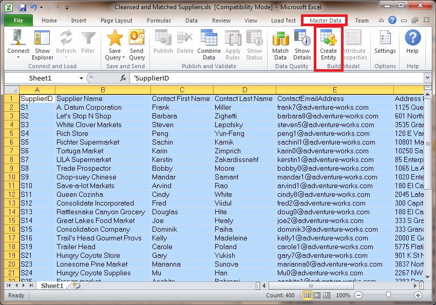 Excel - 主数据选项卡 - 创建实体按钮