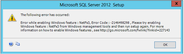 SQL Server 2012 安装错误消息的屏幕截图：启用 Windows 功能时出错。